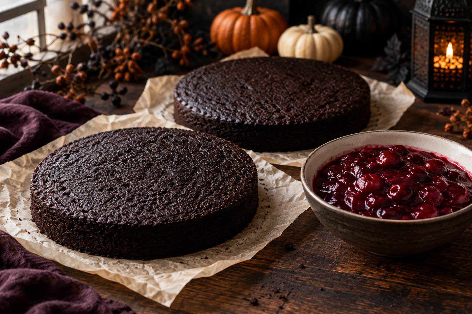 Black velvet Halloween cake layers with cherry filling