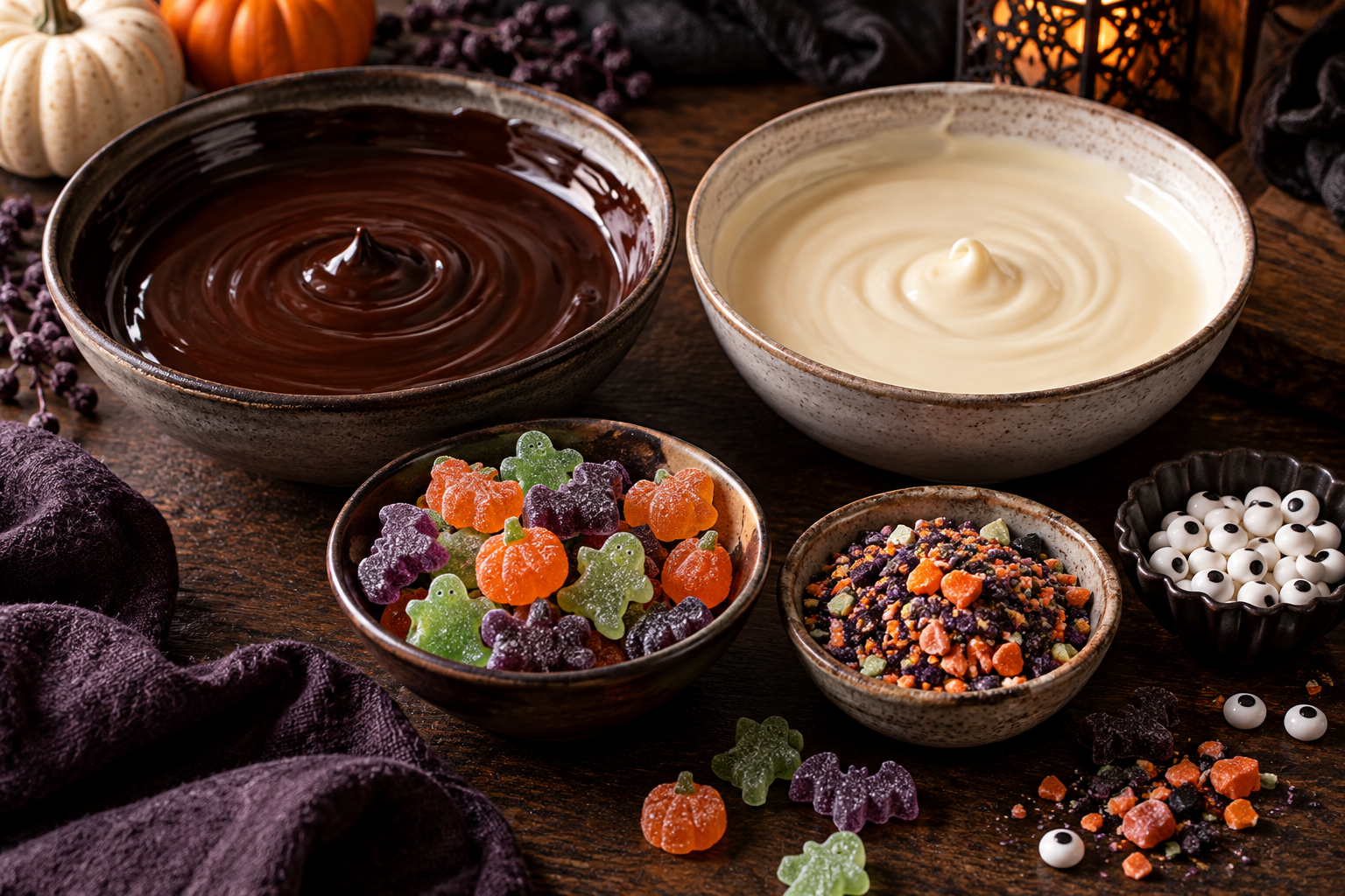 Halloween gummy chocolate bark ingredients before assembly
