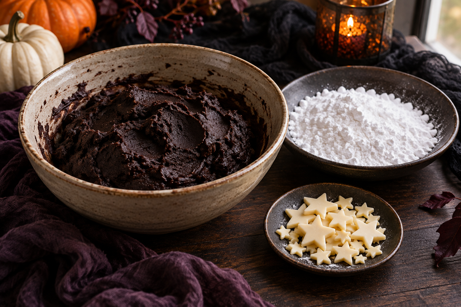 Halloween moon crinkle cookies dough and decorations