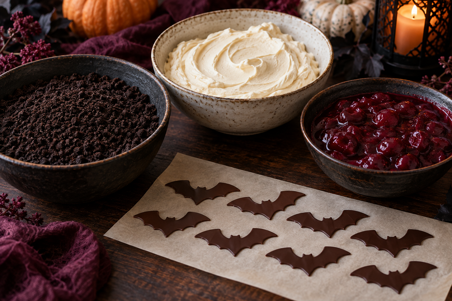 Halloween Black Forest cheesecake jars ingredients and bat toppers