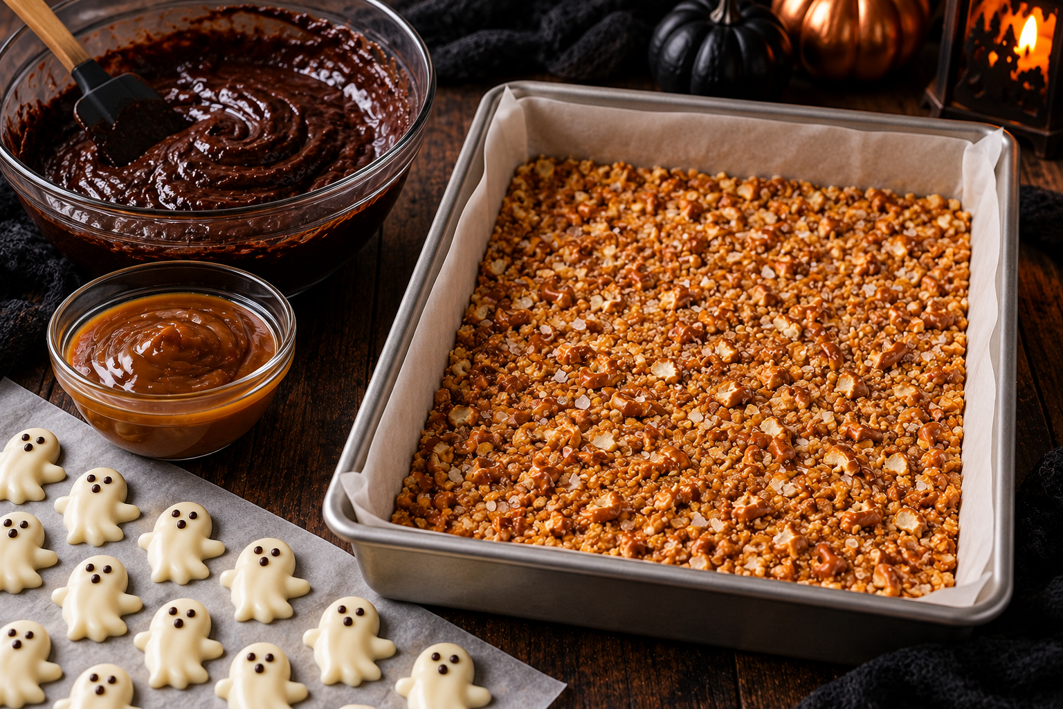 Halloween salted caramel pretzel brownies components