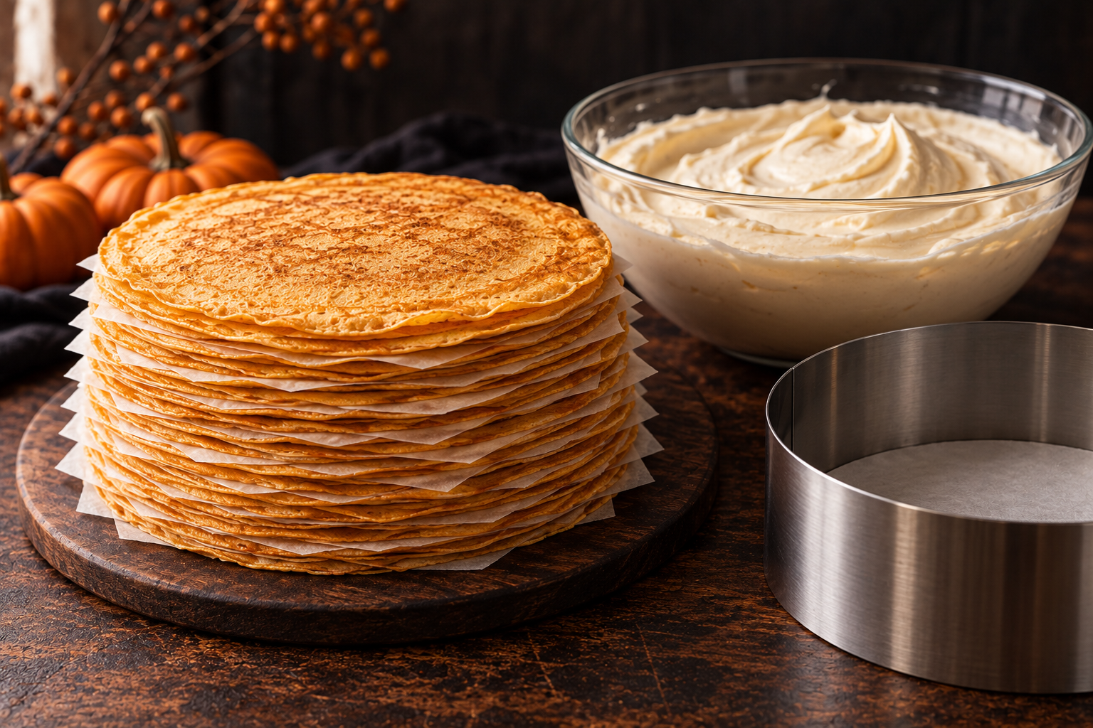 Halloween pumpkin crepe cake layers and maple cream