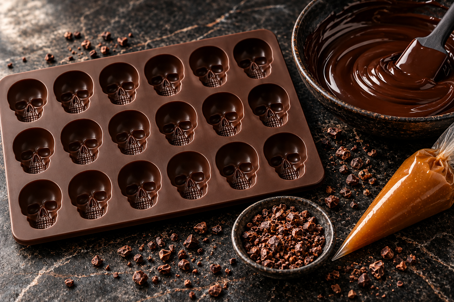 Halloween salted caramel chocolate skulls ingredients and mold