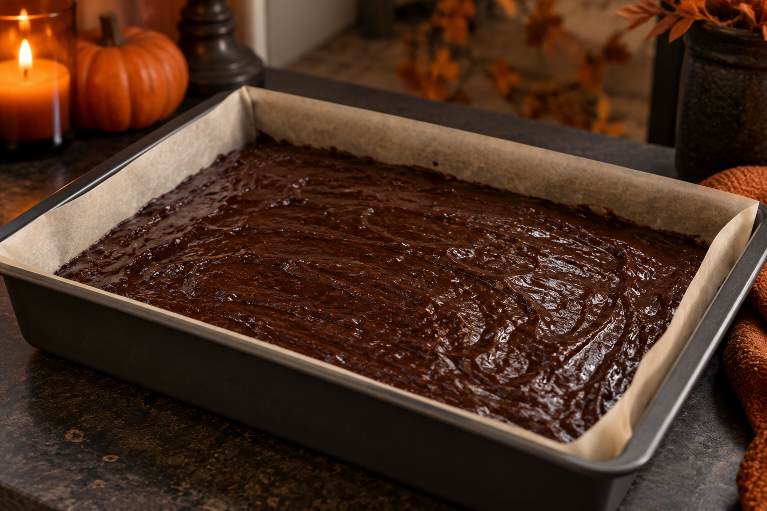 Espresso brownie batter in a parchment-lined rectangular pan
