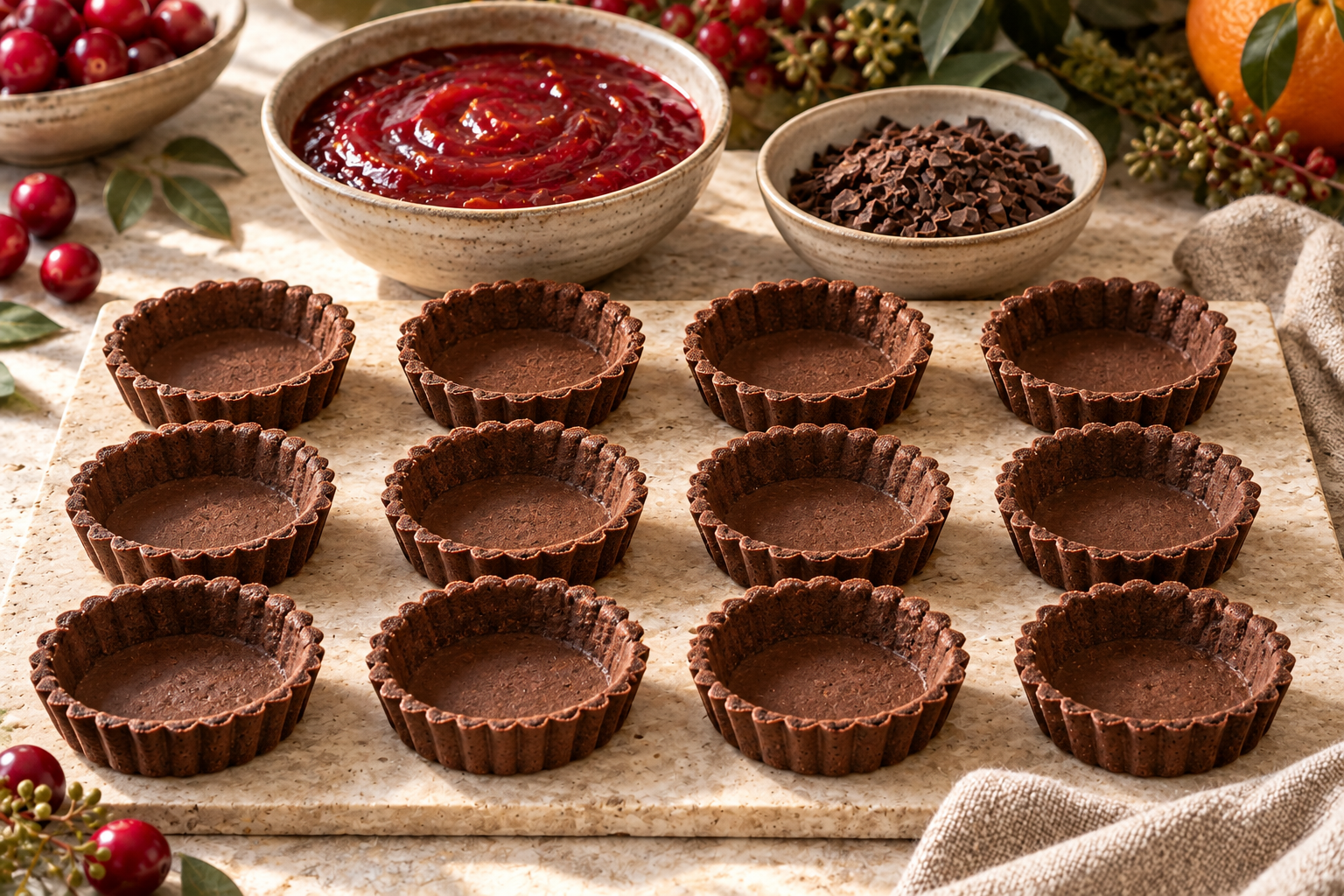 Thanksgiving cranberry chocolate tartlet shells and filling