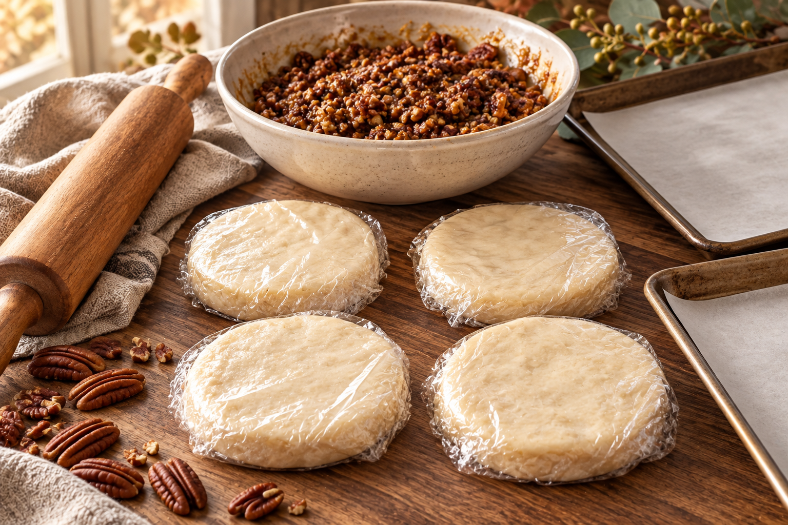 Thanksgiving pecan pie rugelach dough and filling