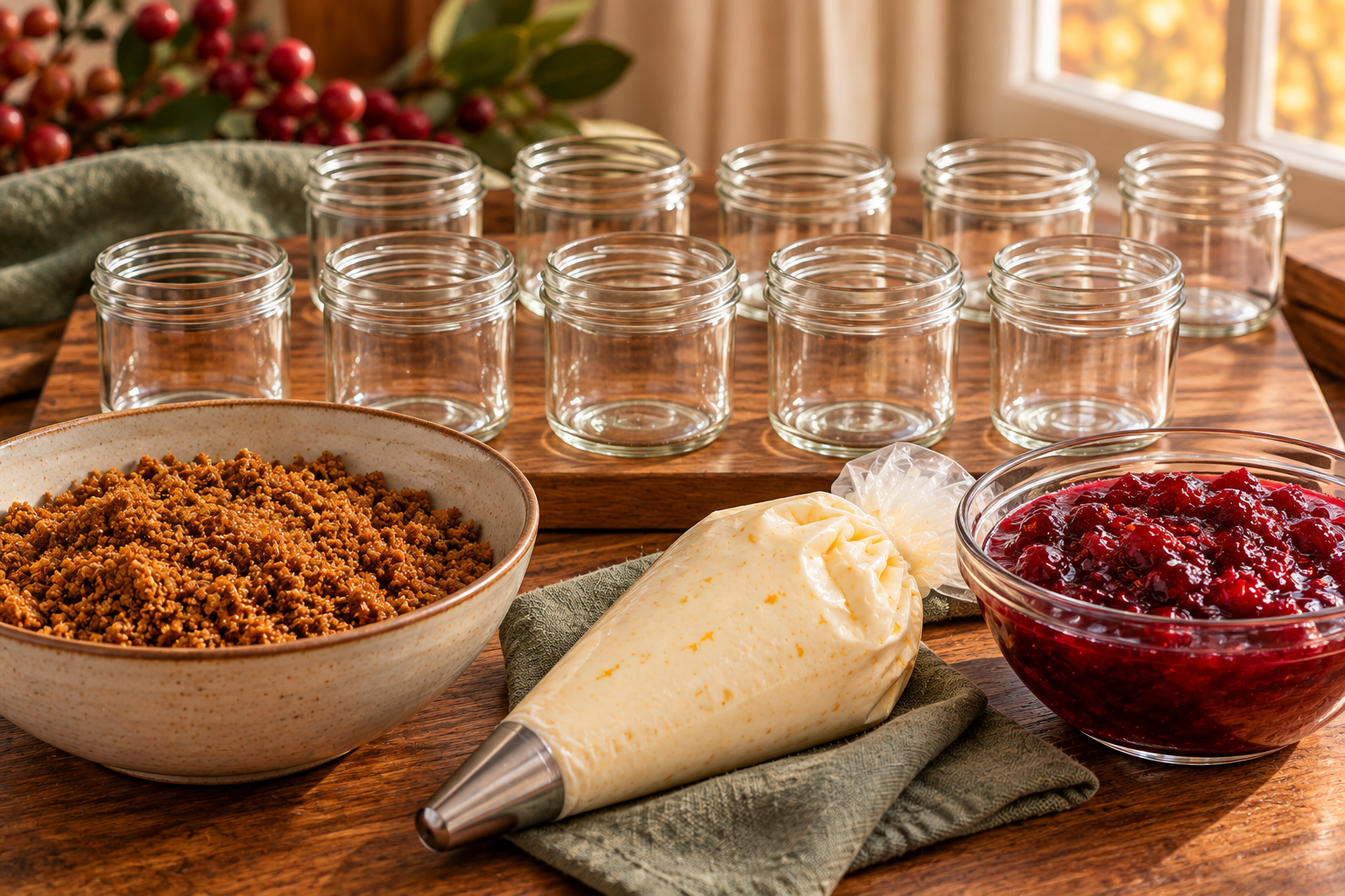 No-bake cranberry orange cheesecake jar components
