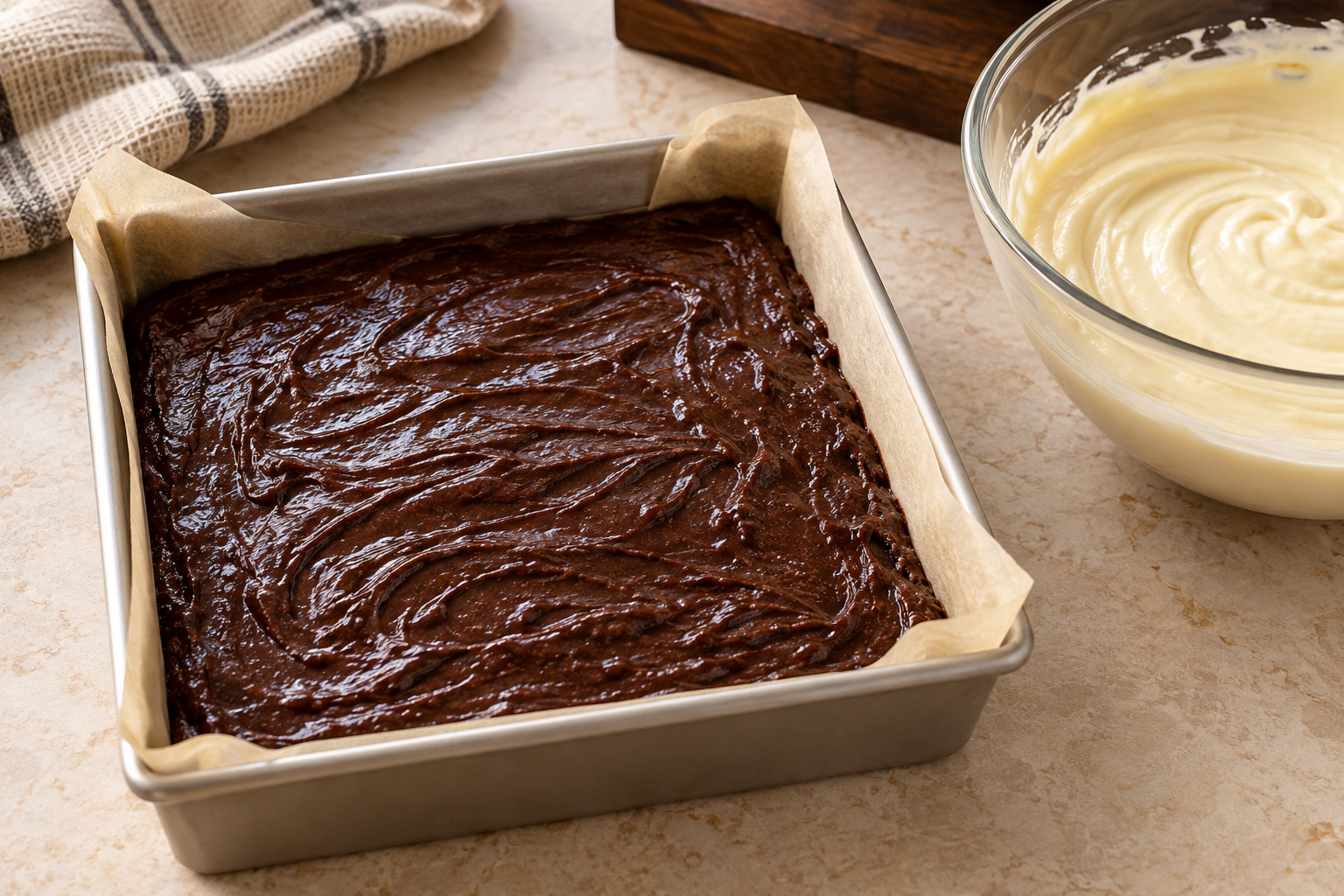 Basque cheesecake brownie batters before layering