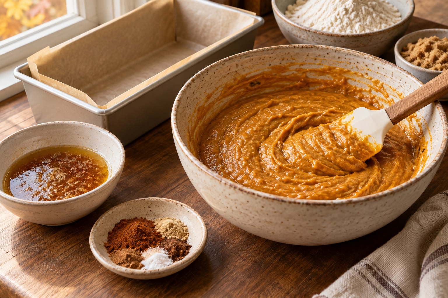 Pumpkin loaf cake batter with brown butter