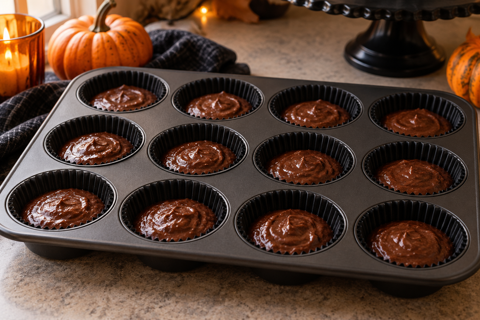 Chocolate cupcake batter portioned in black paper liners