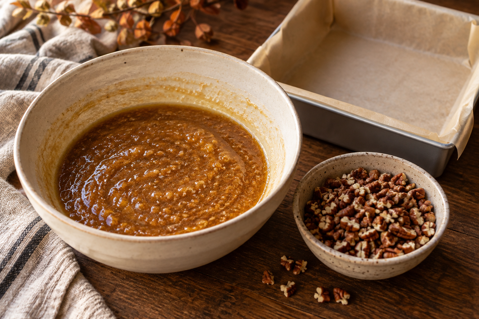 Butter pecan blondie batter with toasted pecans