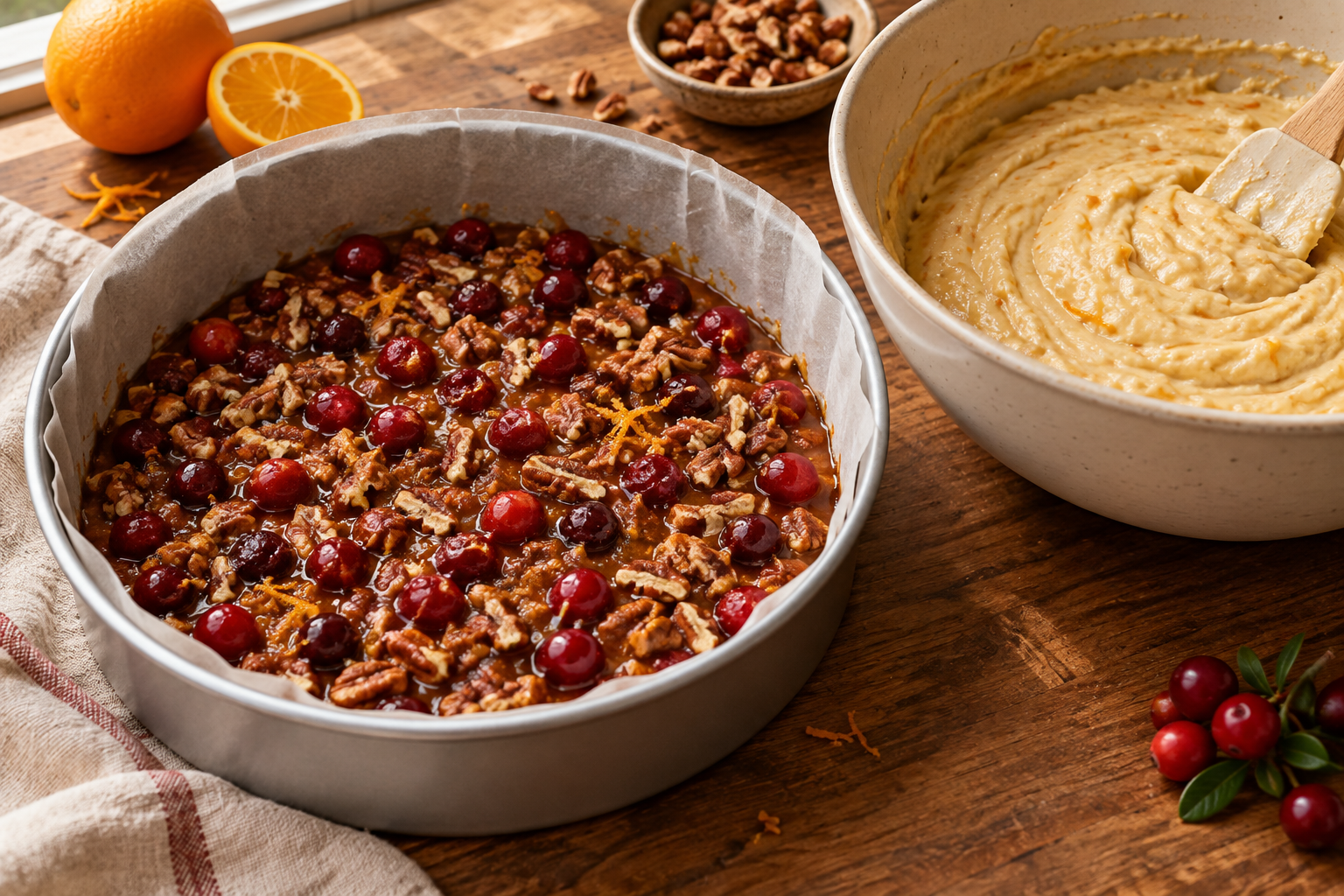 Cranberry upside-down cake topping arranged in the pan