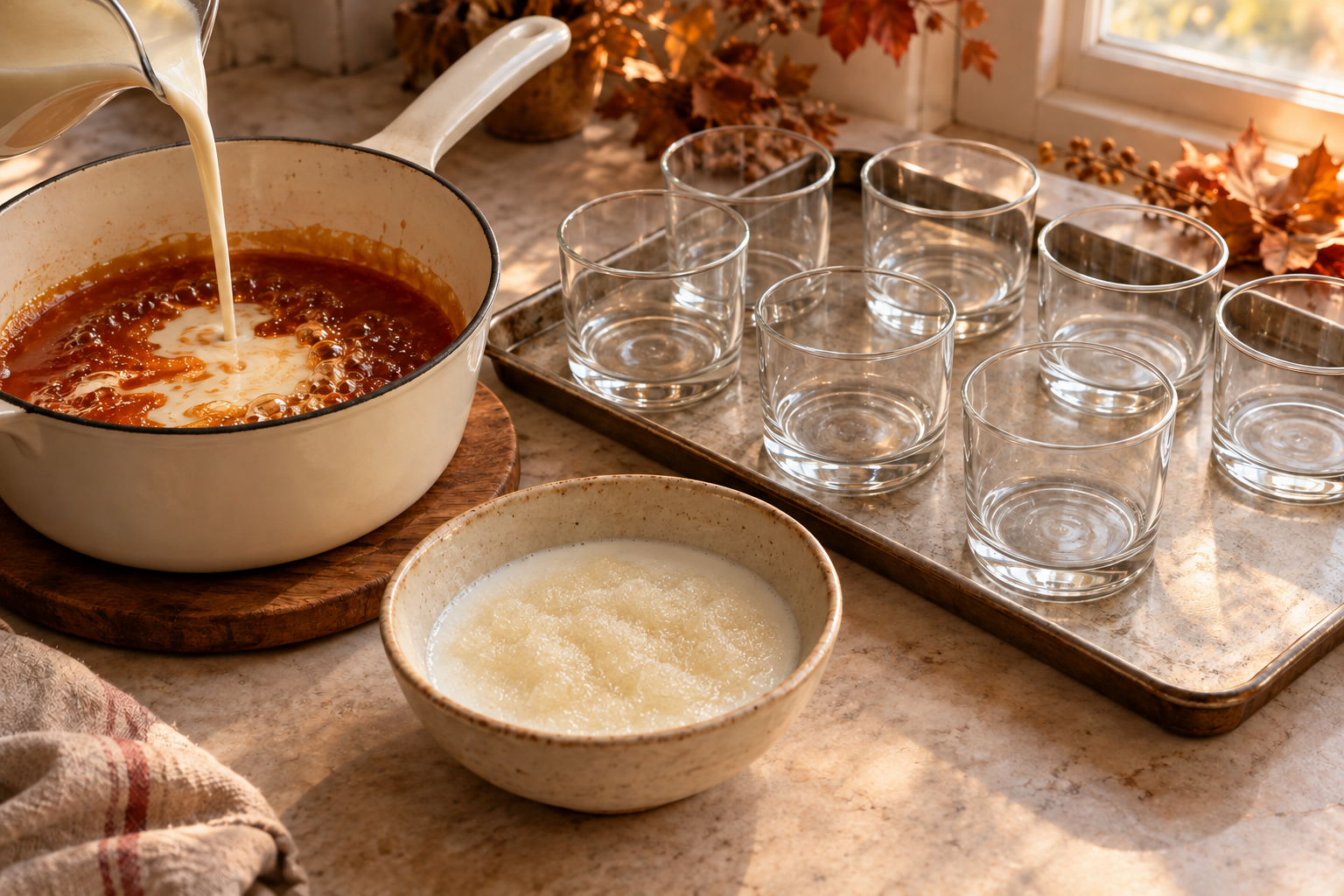 Caramel cream and bloomed gelatin for salted caramel panna cotta