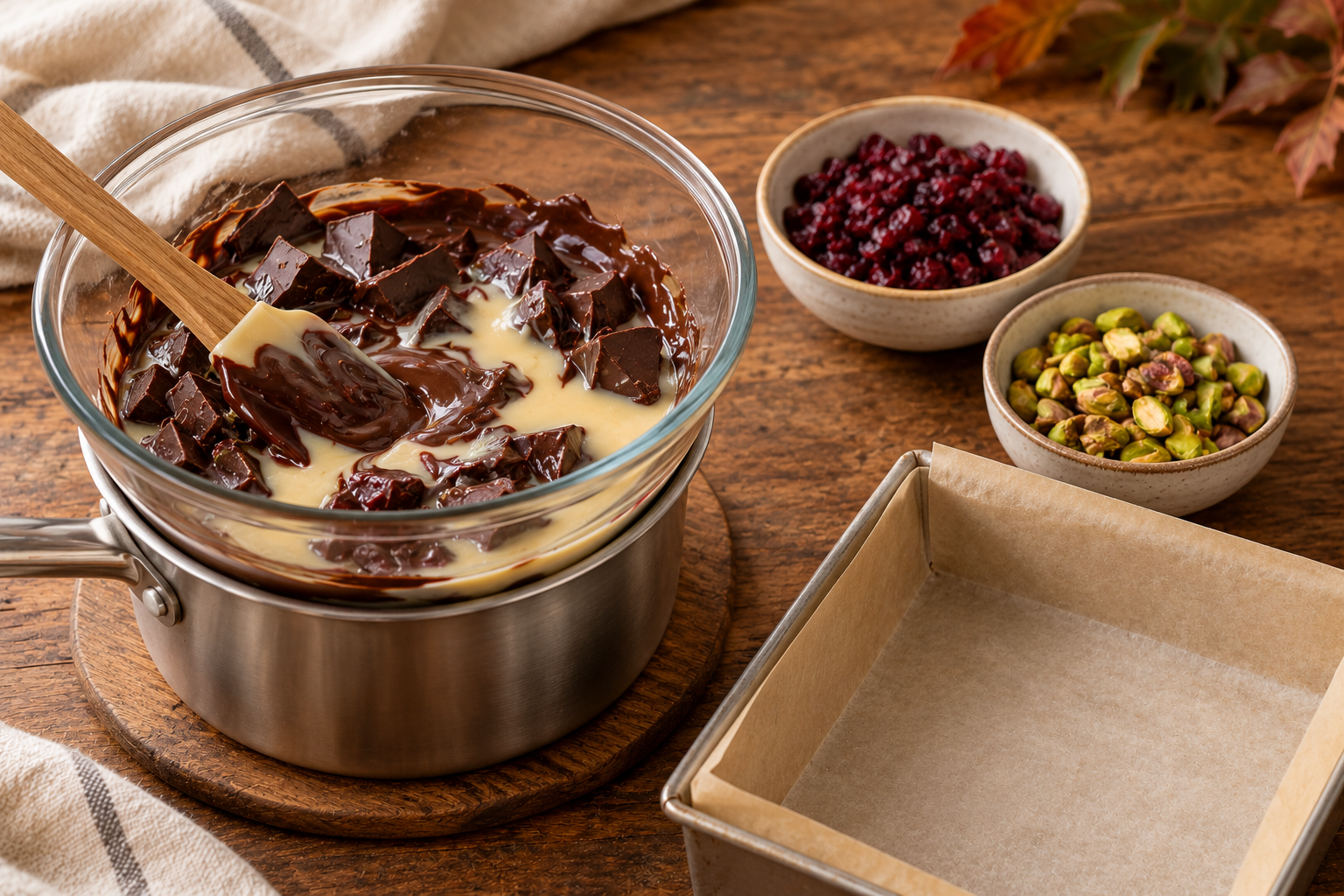 Chocolate condensed milk and toppings for cranberry pistachio fudge