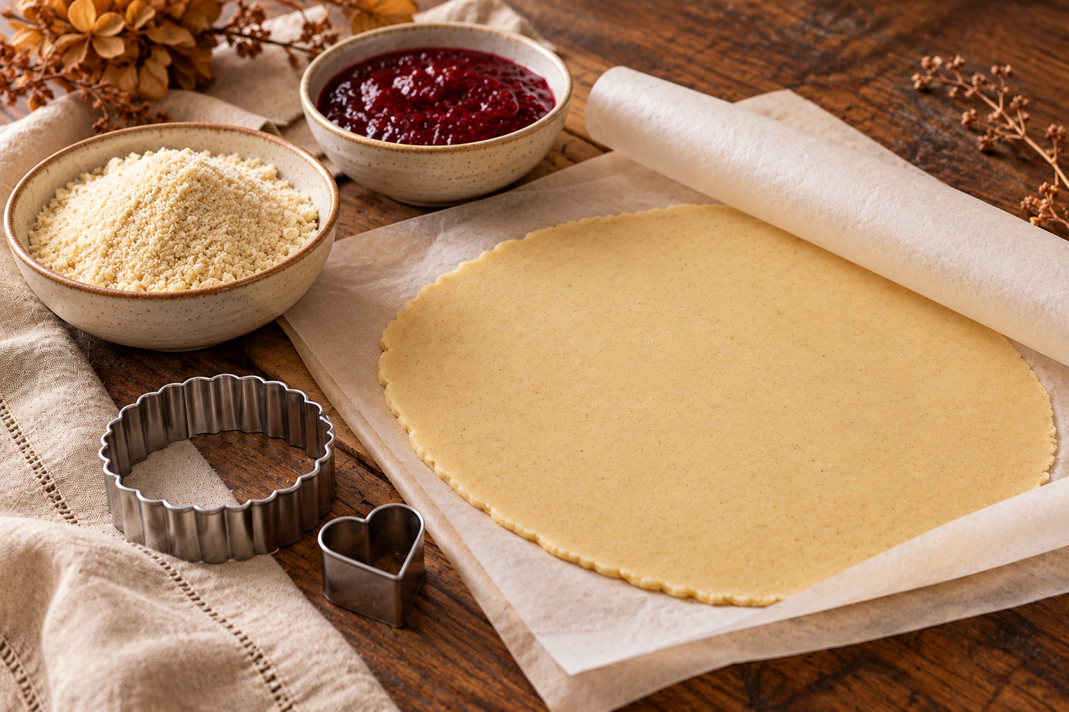 Almond Linzer cookie dough and raspberry preserves