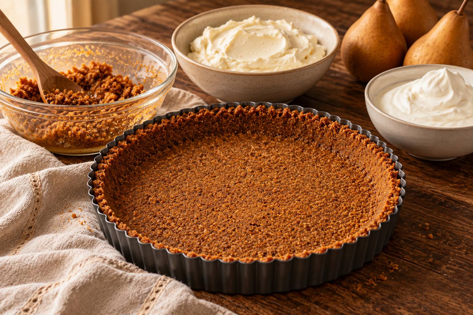 Gingersnap crust for no-bake pear ginger cheesecake tart