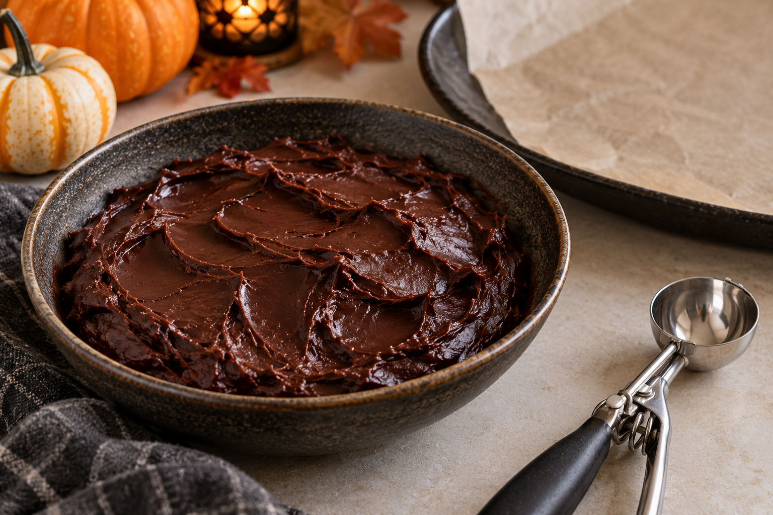 Chilled salted caramel chocolate ganache ready to scoop