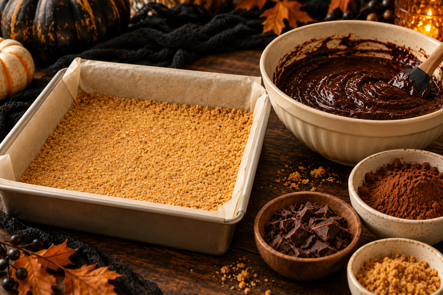 Graham base and chocolate batter for Halloween s'mores brownies