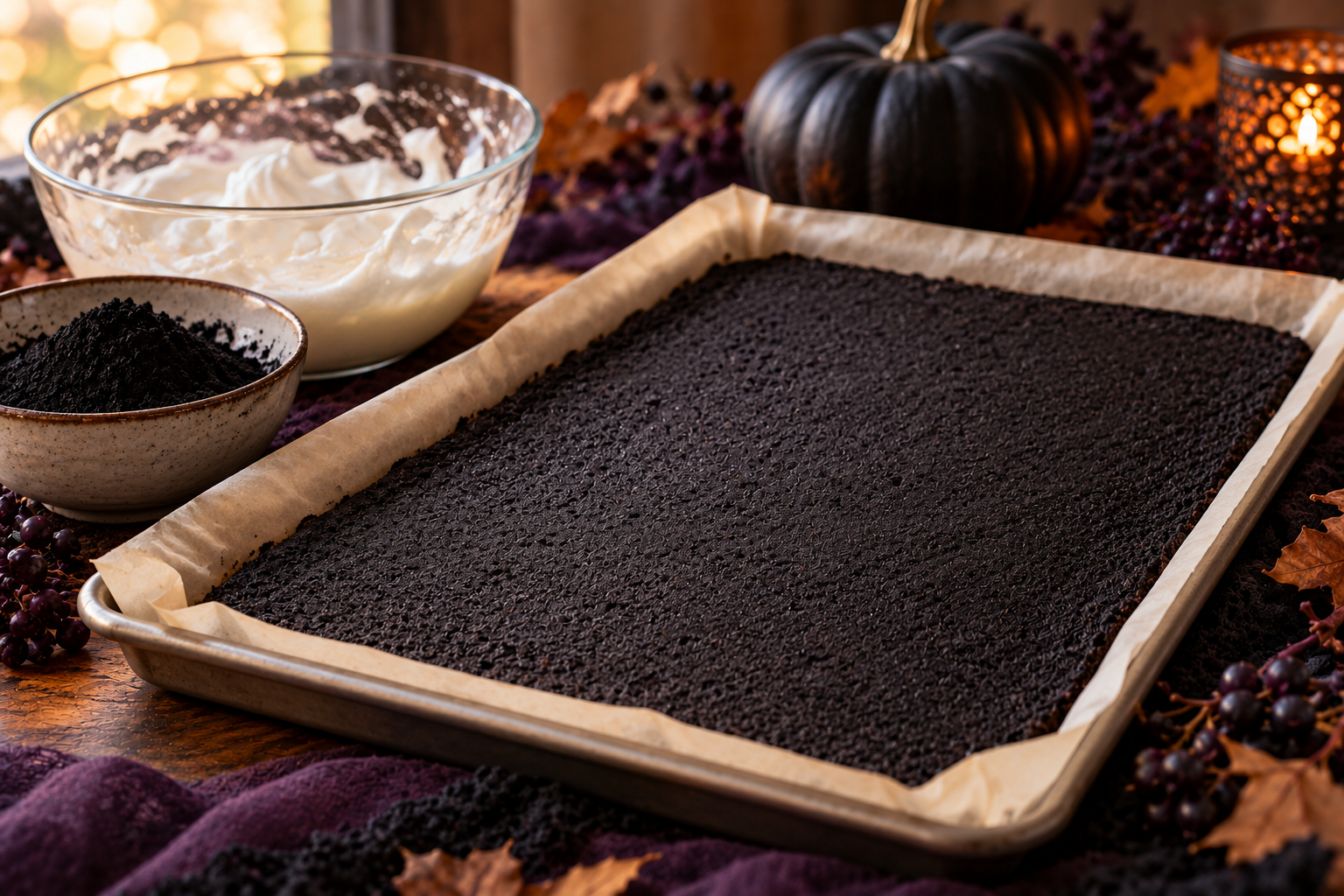 Black cocoa sponge for Halloween Swiss roll