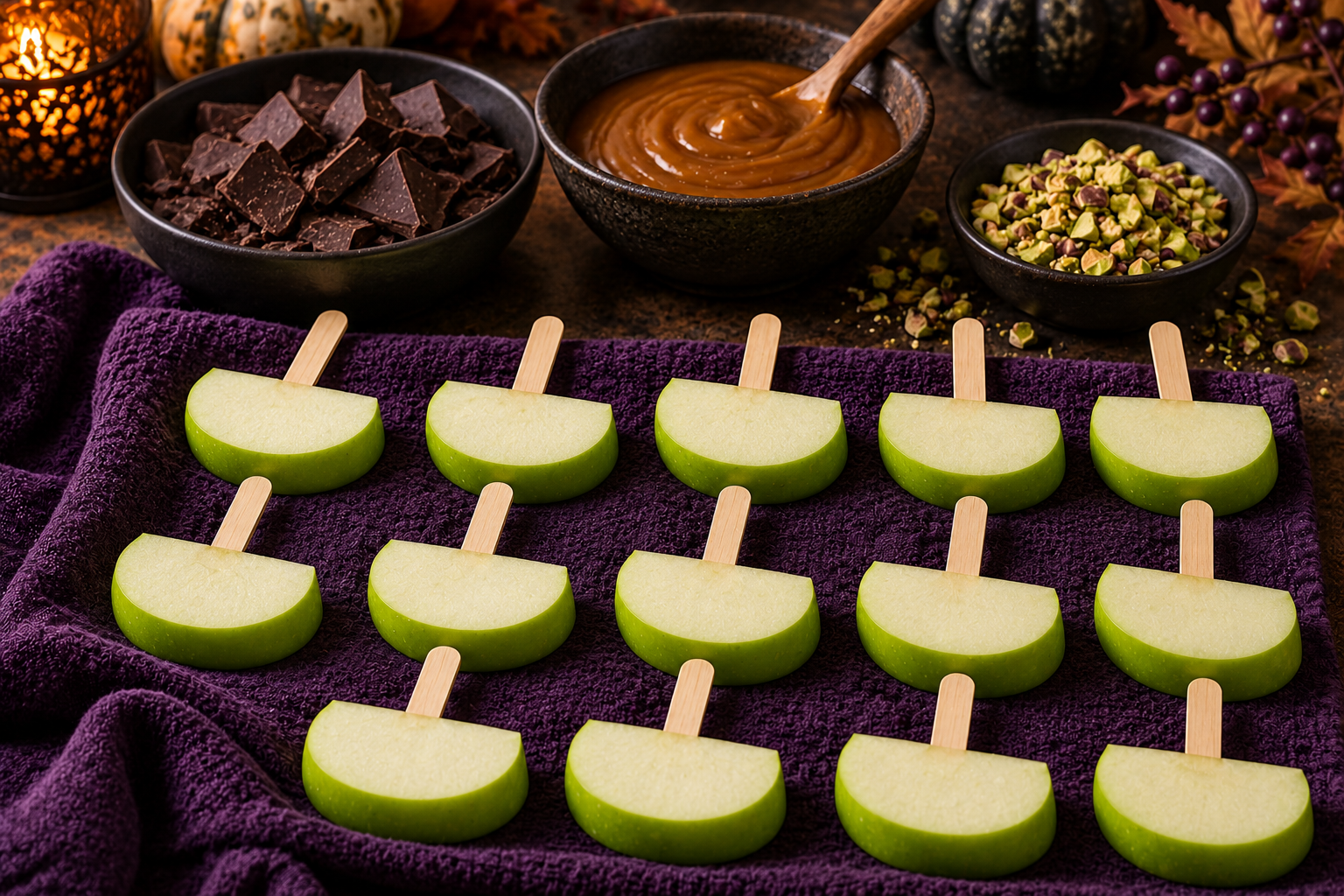 Dry apple slabs ready for Halloween chocolate coating