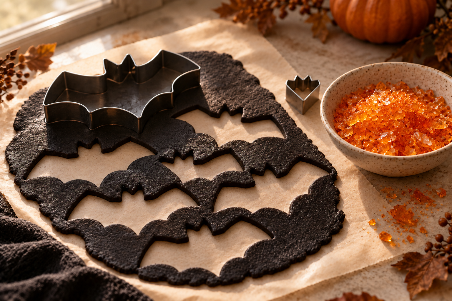 Black cocoa dough and orange candy for stained glass bats