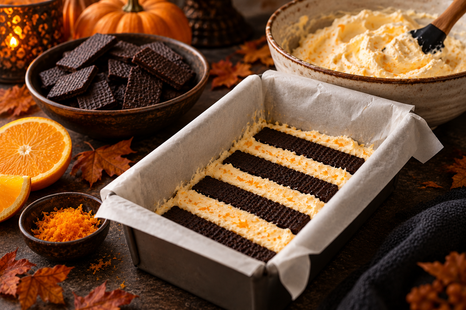 Layering chocolate wafers and orange cream in a loaf pan