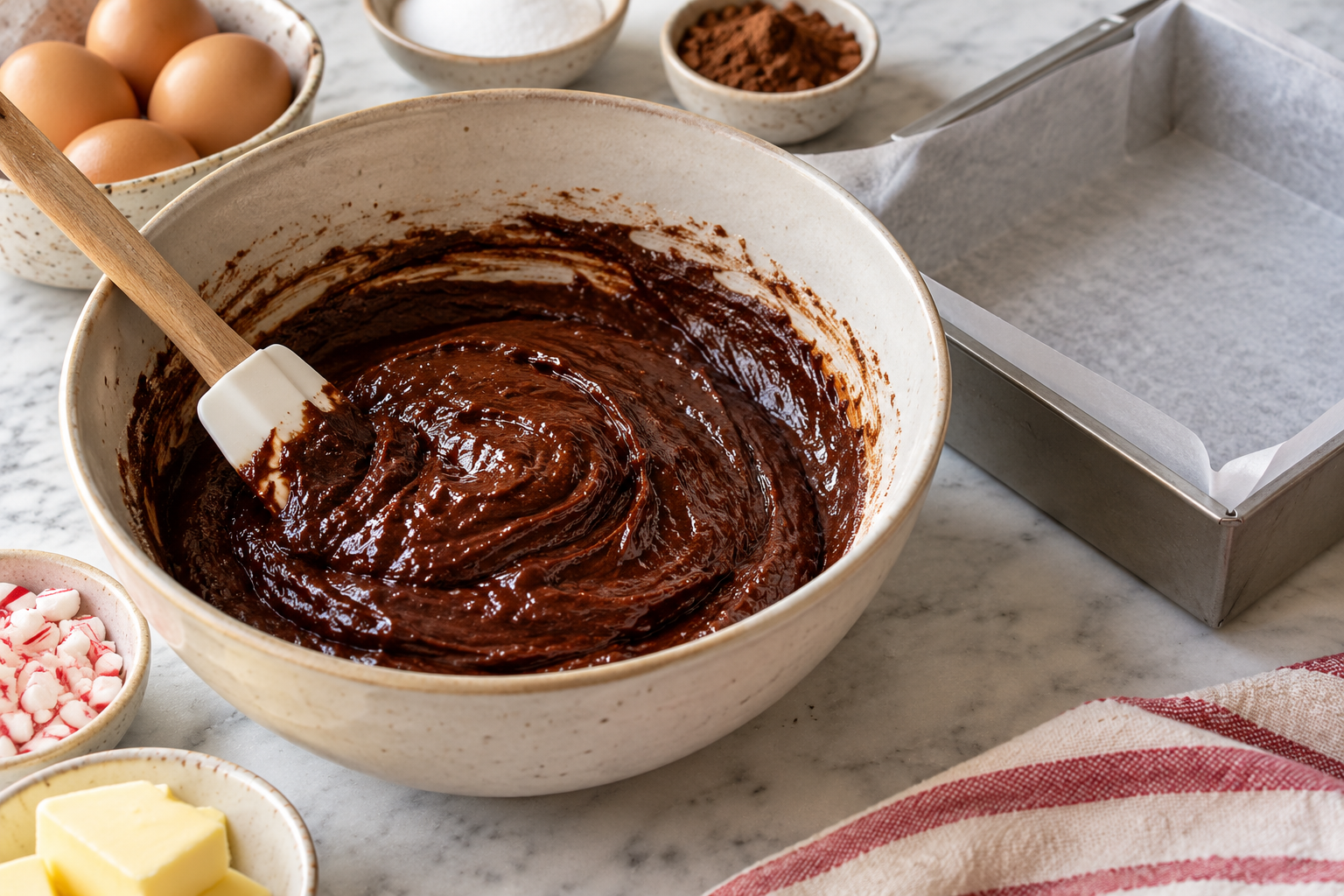 Glossy chocolate batter for peppermint bark brownies beside a parchment-lined 8-inch pan.