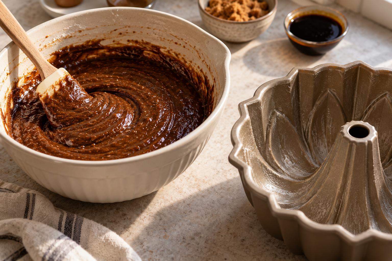 Dark molasses batter for gingerbread Bundt cake in a mixing bowl beside the prepared pan.