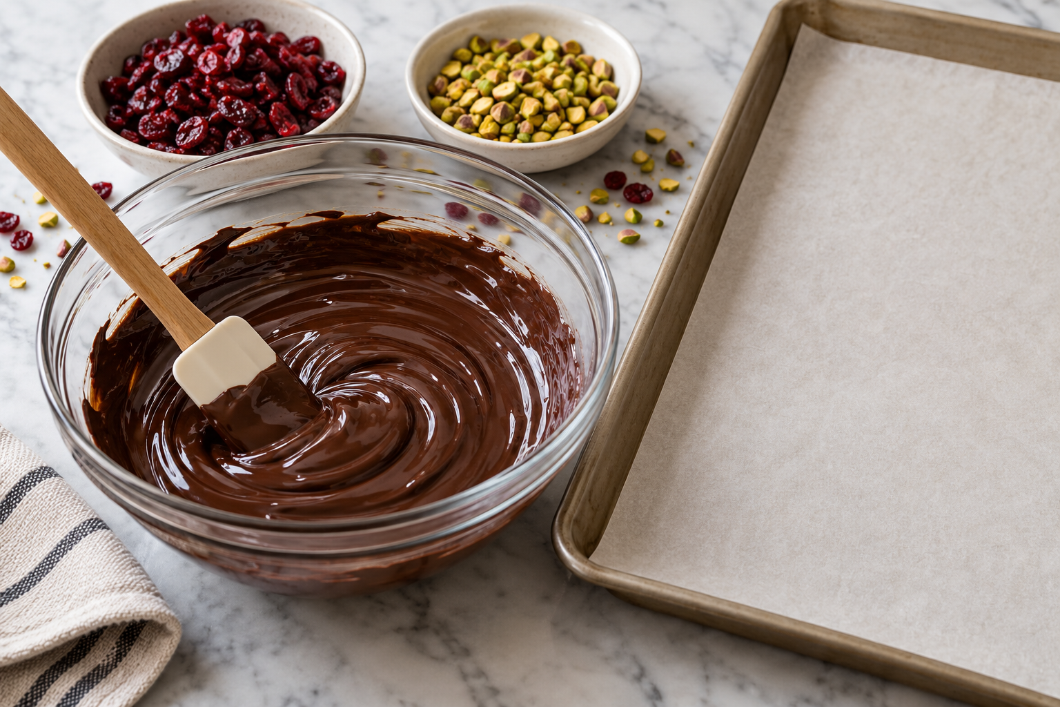 Melted dark chocolate and prepared toppings for cranberry pistachio chocolate bark.