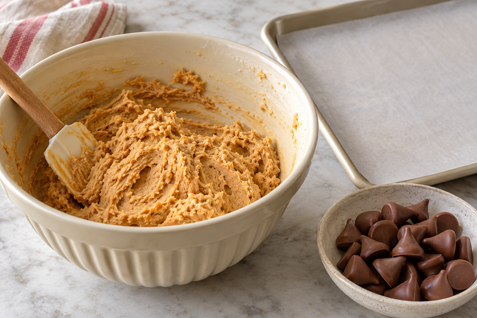 Soft peanut butter cookie dough for Christmas peanut butter blossom cookies.
