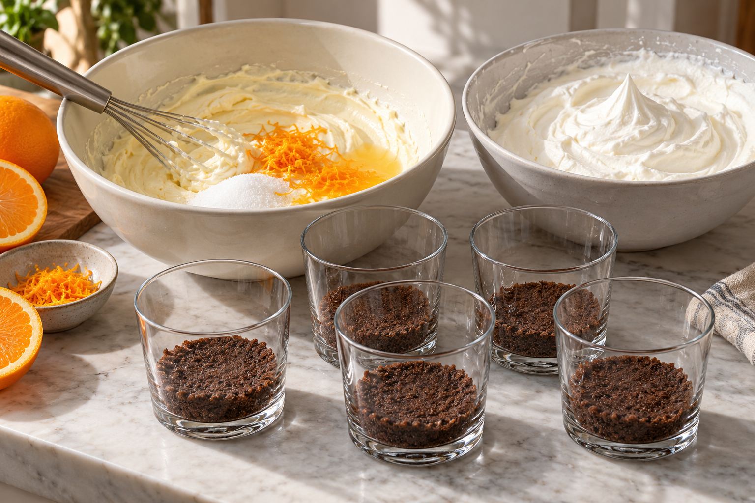 Orange cheesecake filling and whipped cream beside six chocolate crumb dessert cups.