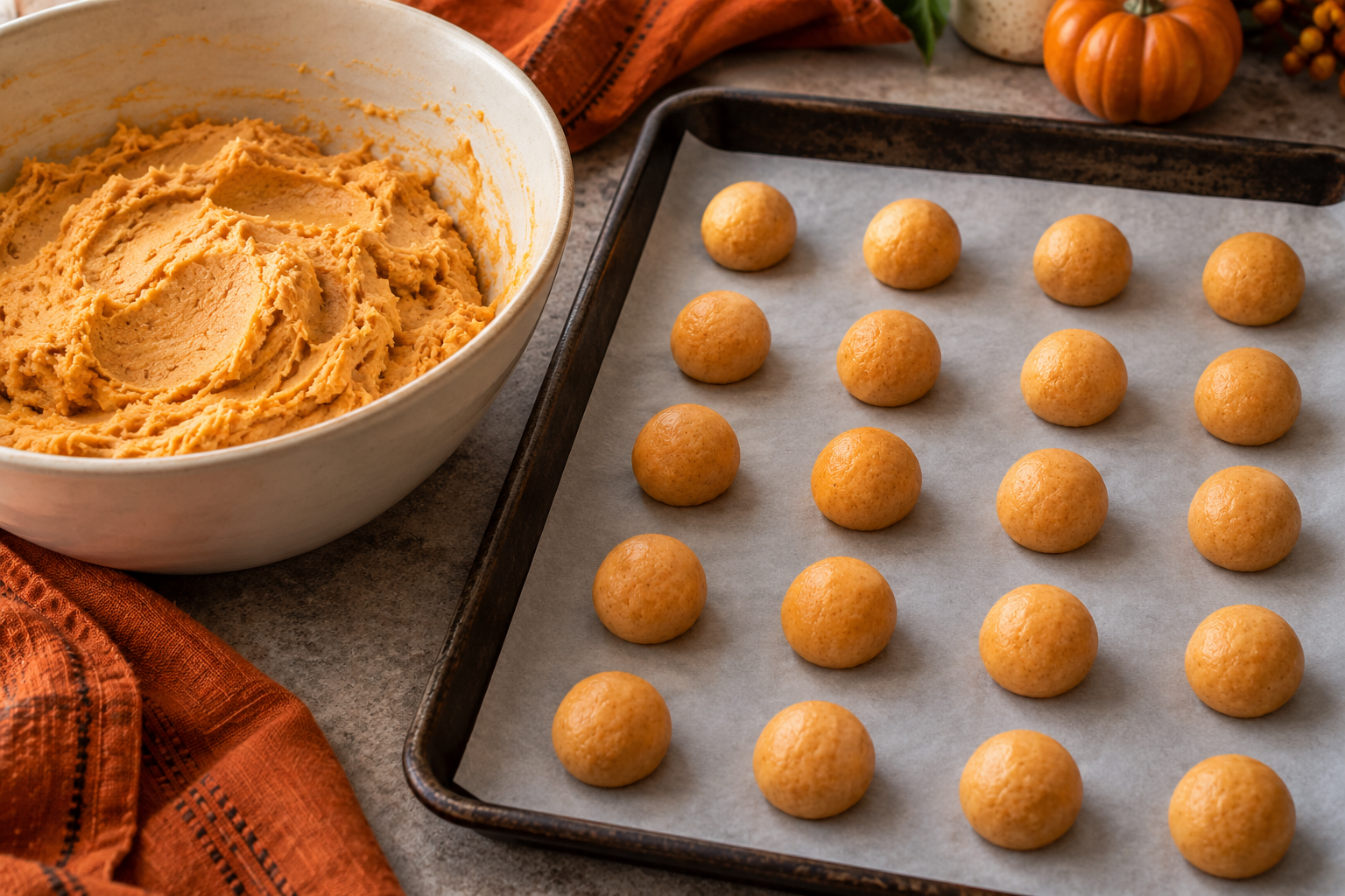 Orange spice cookie dough rolled into balls before shaping