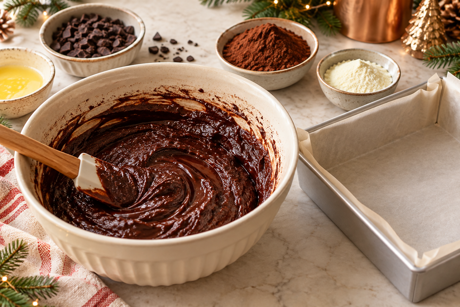 Glossy chocolate batter for hot cocoa brownies beside a lined square pan.