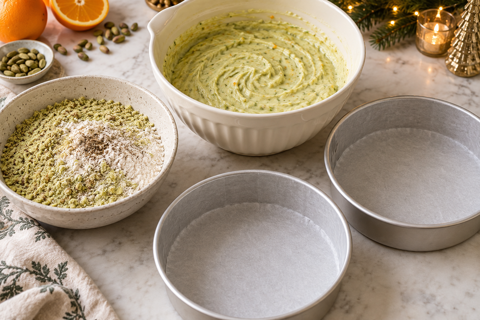 Ground pistachios and orange-scented batter for pistachio cardamom cake.