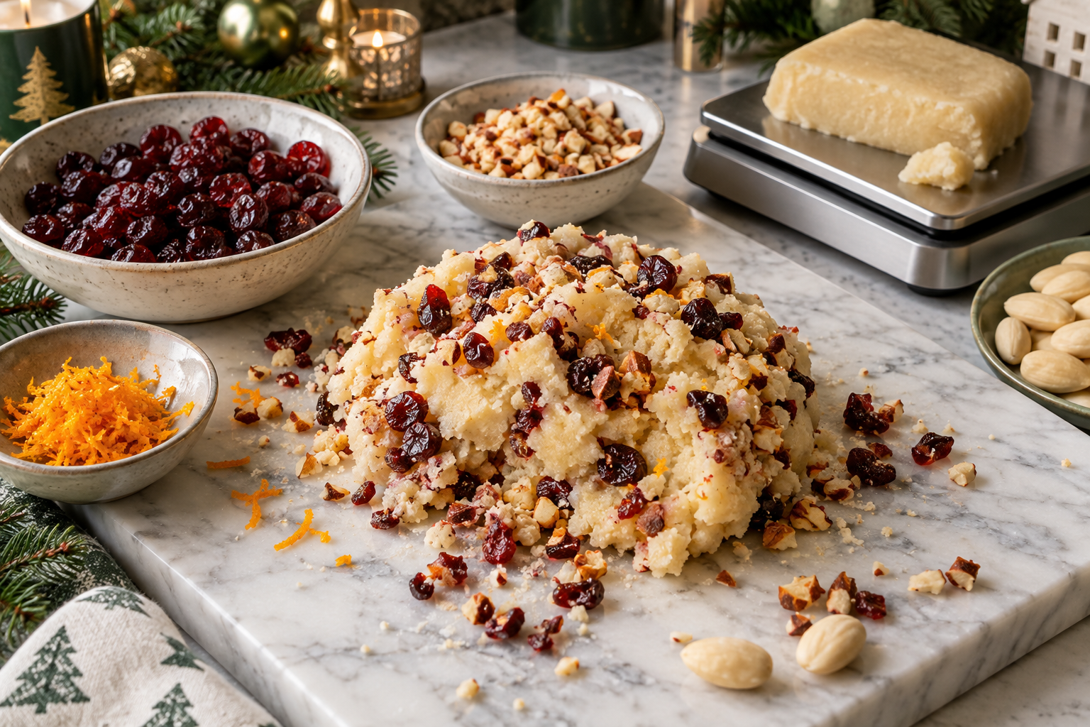 Marzipan mixed with tart cherries and toasted almonds for chocolate truffles.