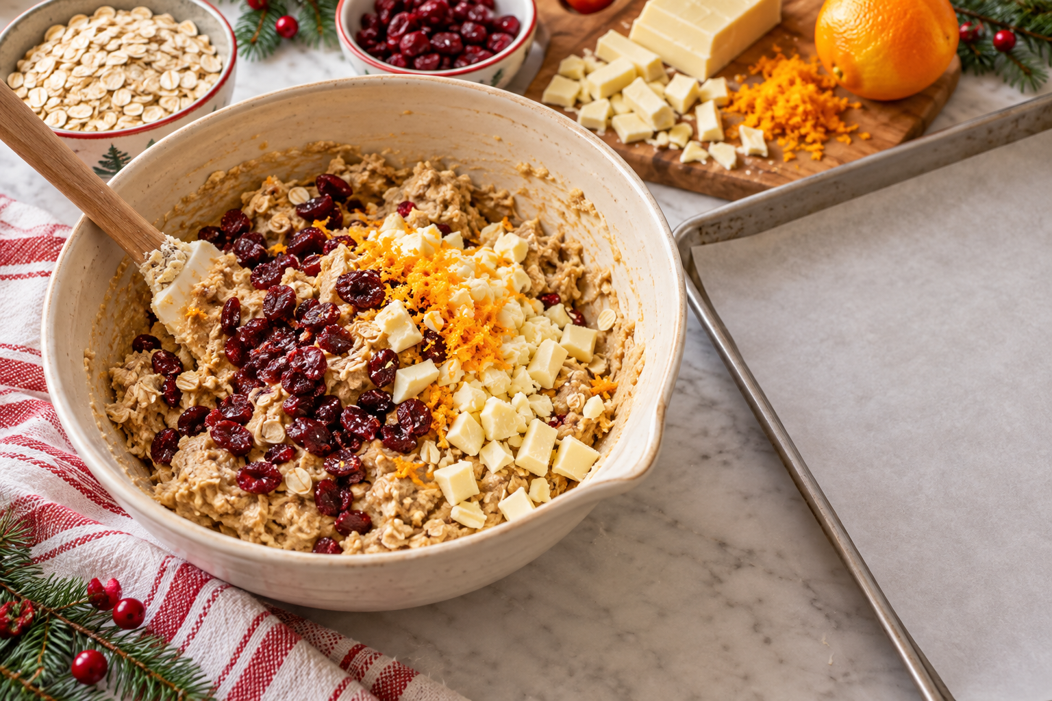 Oatmeal cookie dough with white chocolate, cranberries, and orange zest.