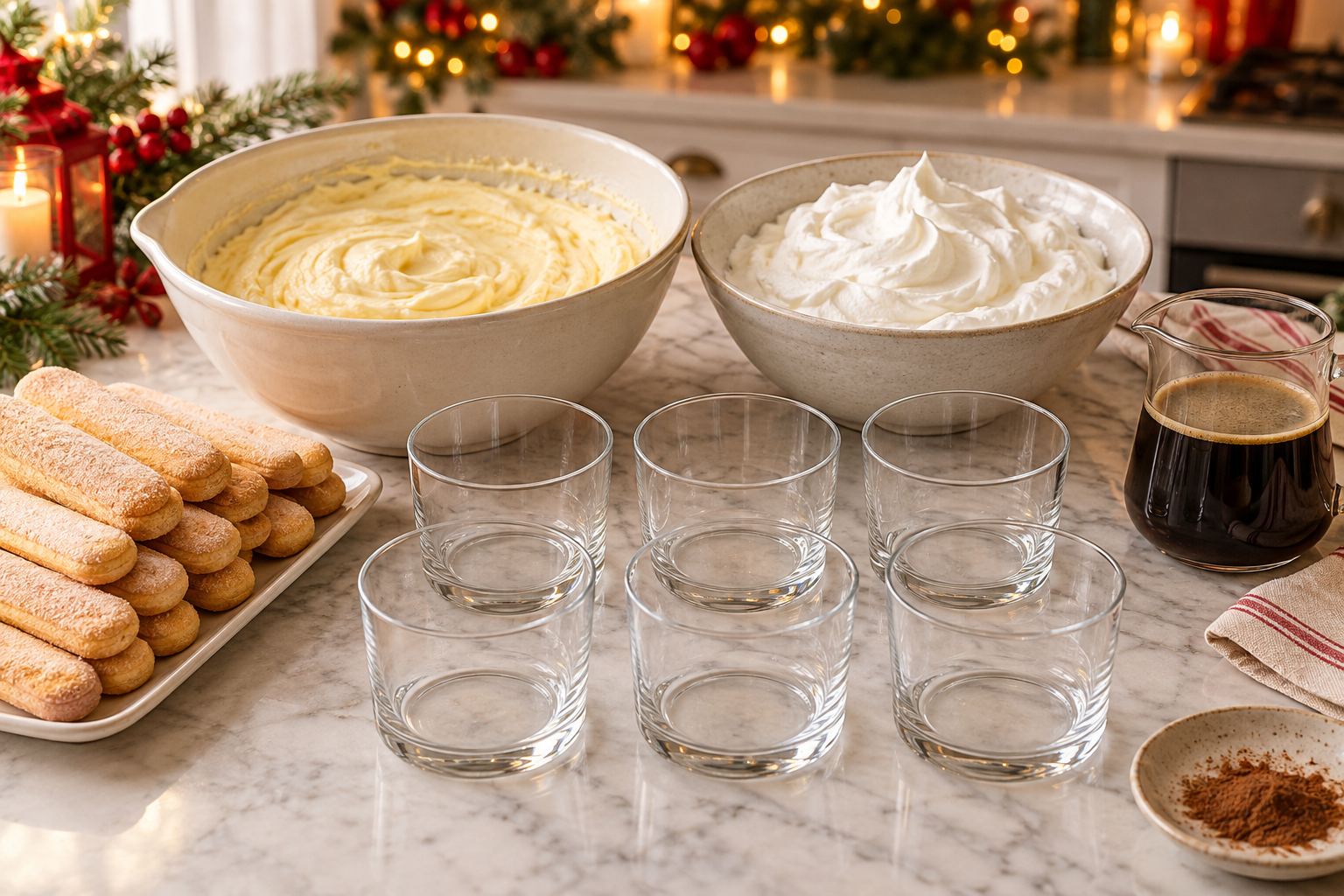 Eggnog mascarpone filling and whipped cream beside ladyfingers and espresso.