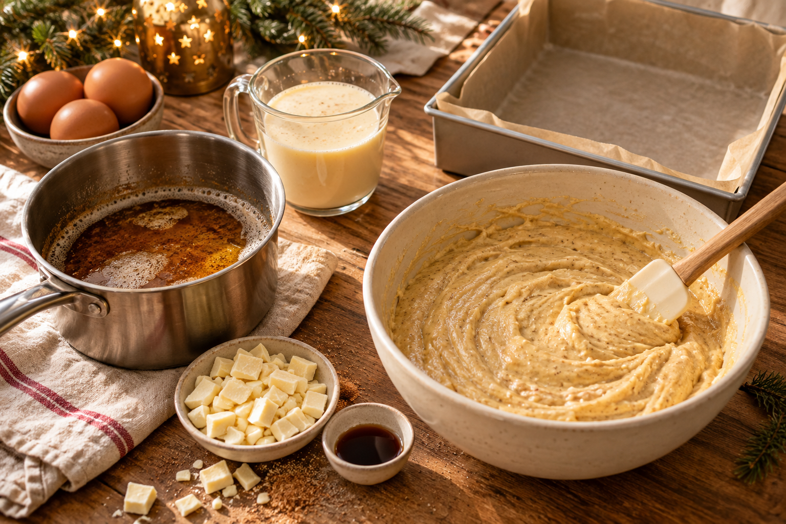 Brown butter and thick batter prepared for eggnog blondies.