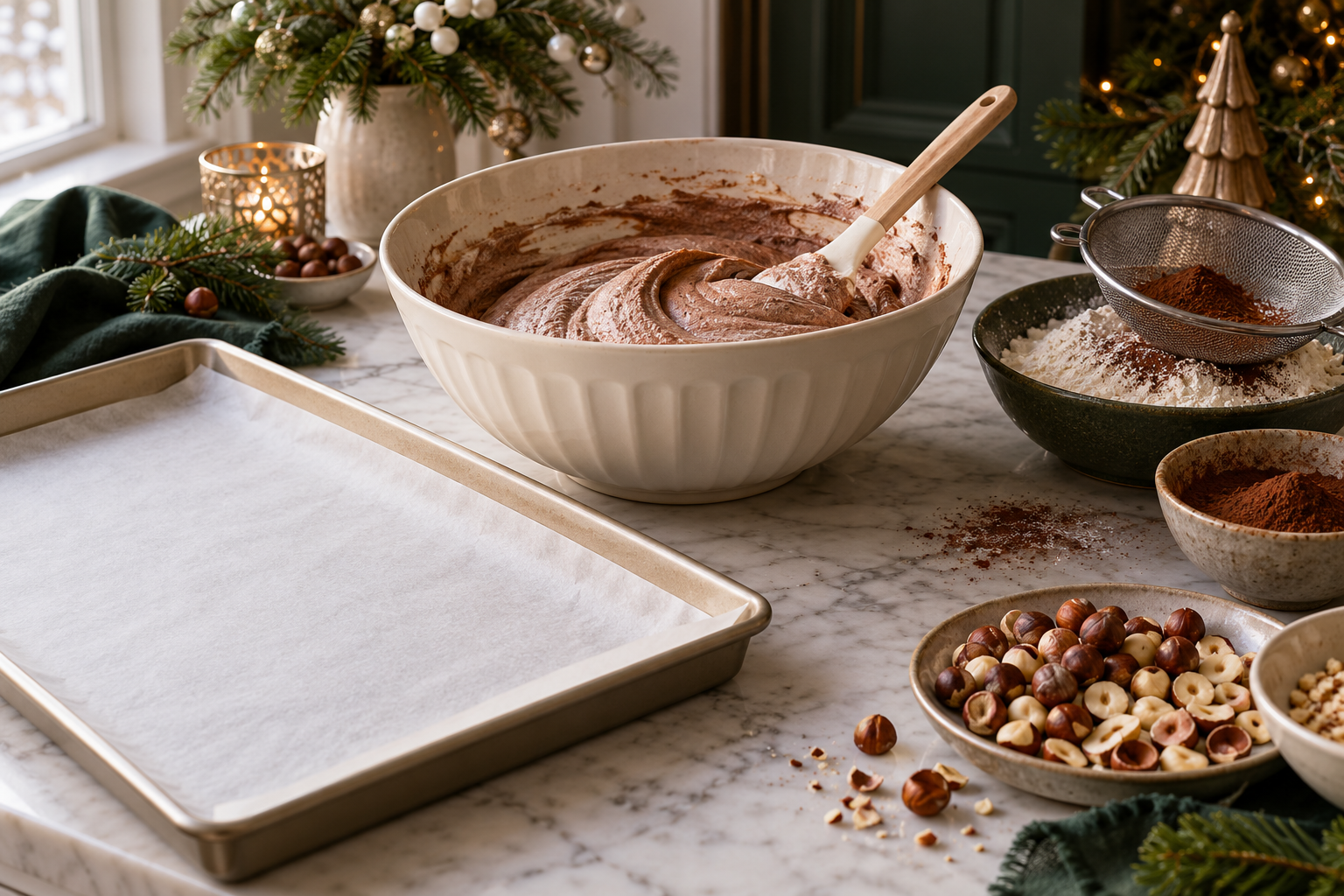 Airy cocoa sponge batter prepared for a chocolate hazelnut yule log.