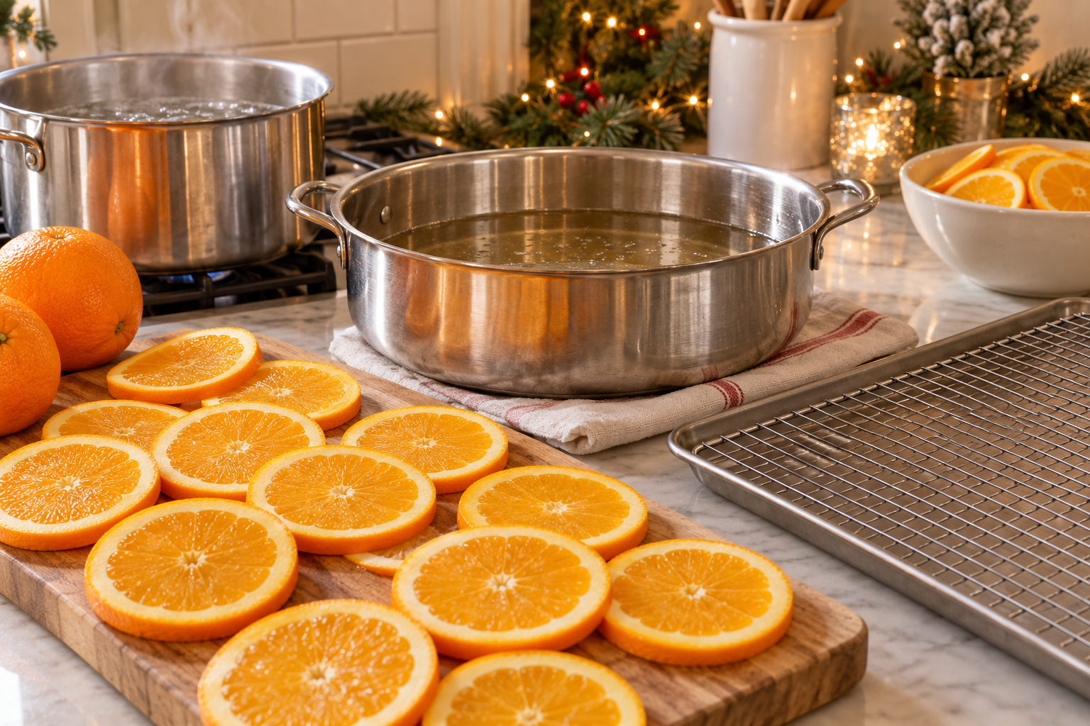 Fresh orange rounds and sugar syrup prepared for candying.