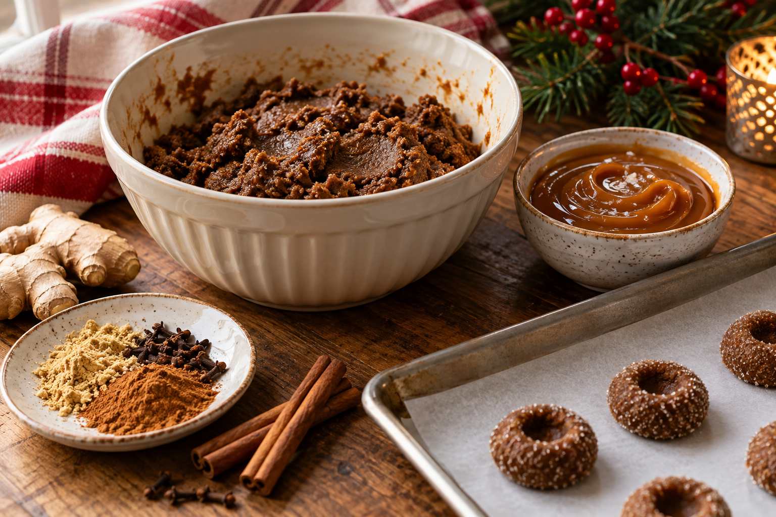 Molasses gingerbread dough and salted caramel prepared for thumbprint cookies.