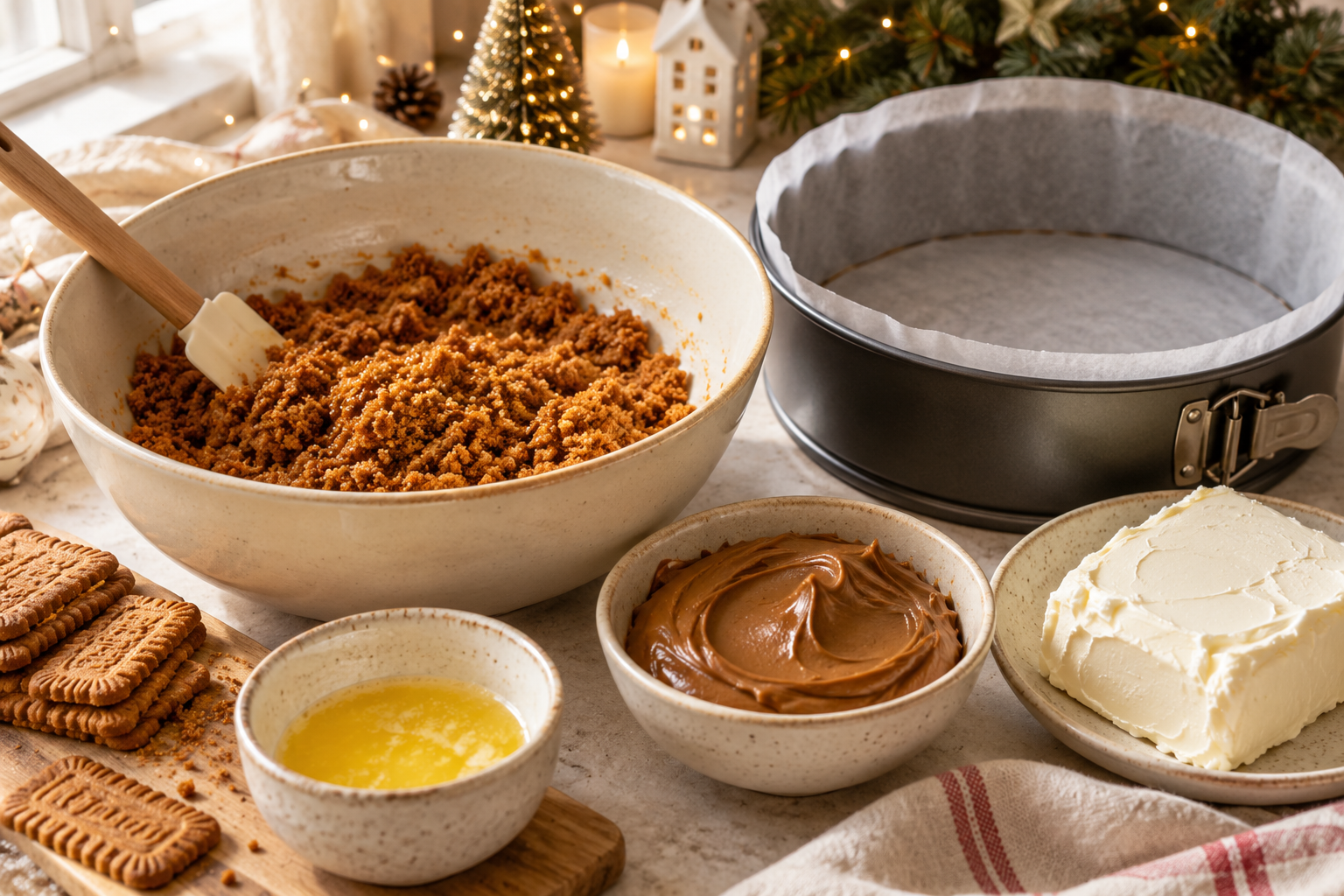 Spiced cookie crumbs, cream cheese, and cookie butter for no bake cheesecake.