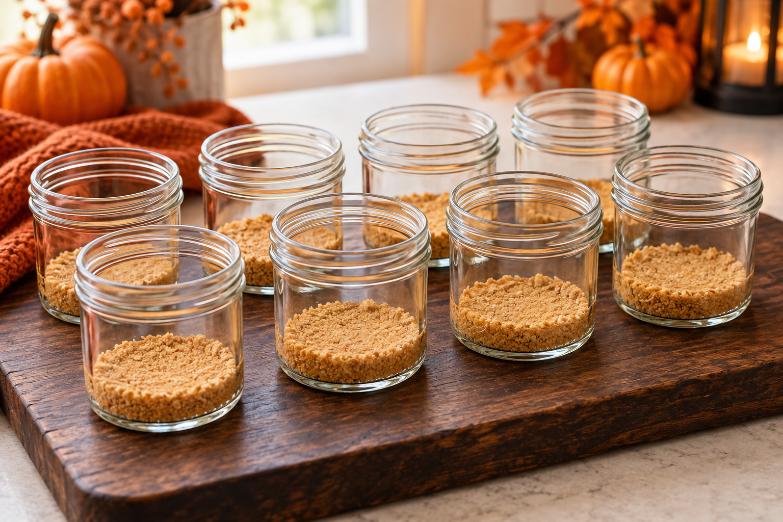 Graham crust pressed into eight clear dessert jars