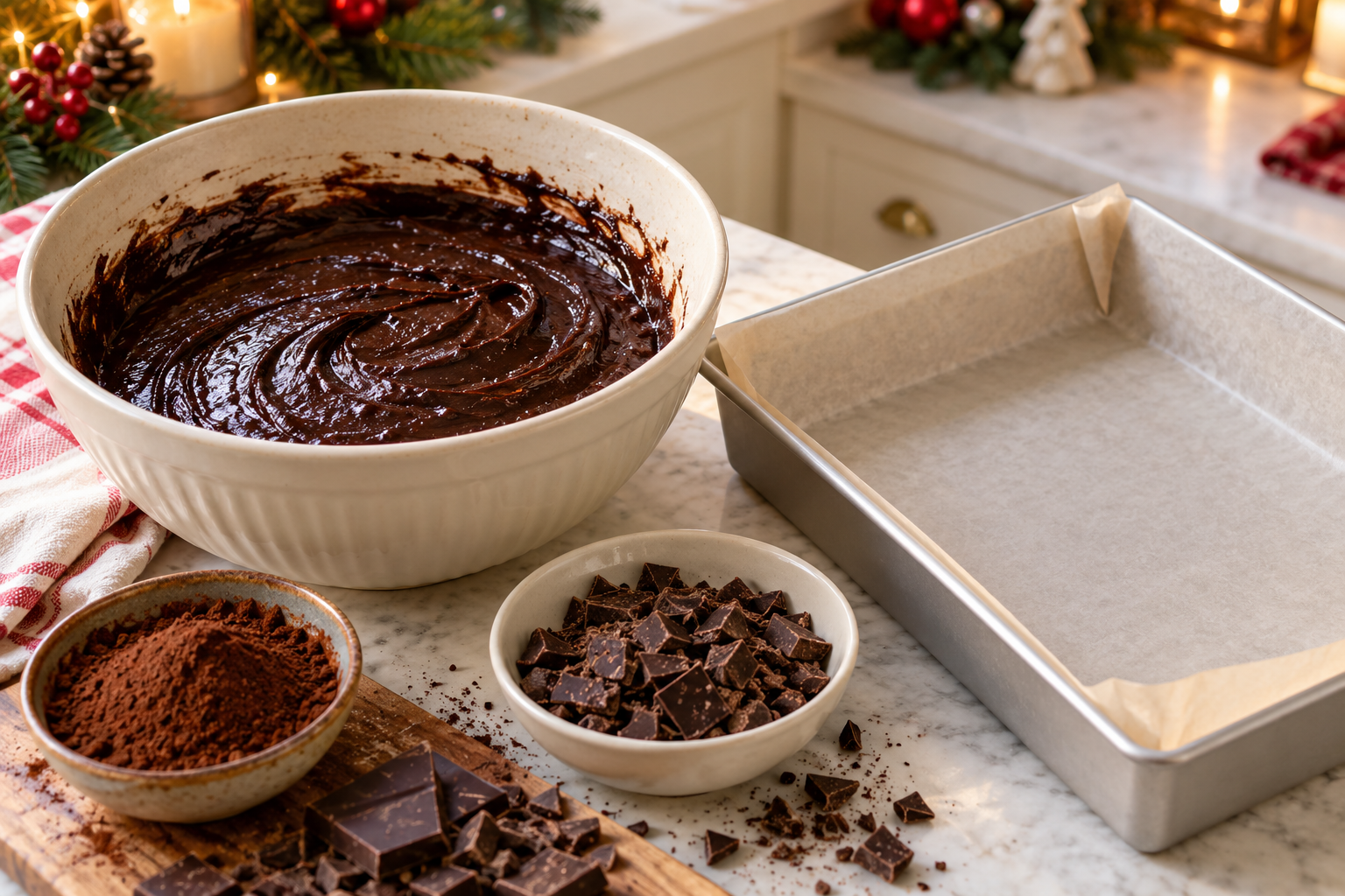 Glossy cocoa batter prepared for Christmas tree brownies.