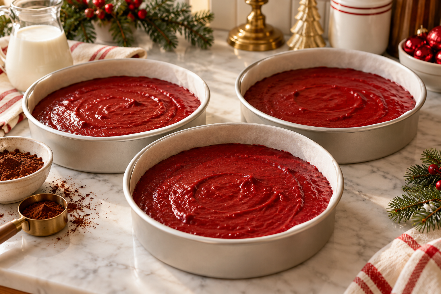 Red velvet cake batter divided among three round pans before baking.