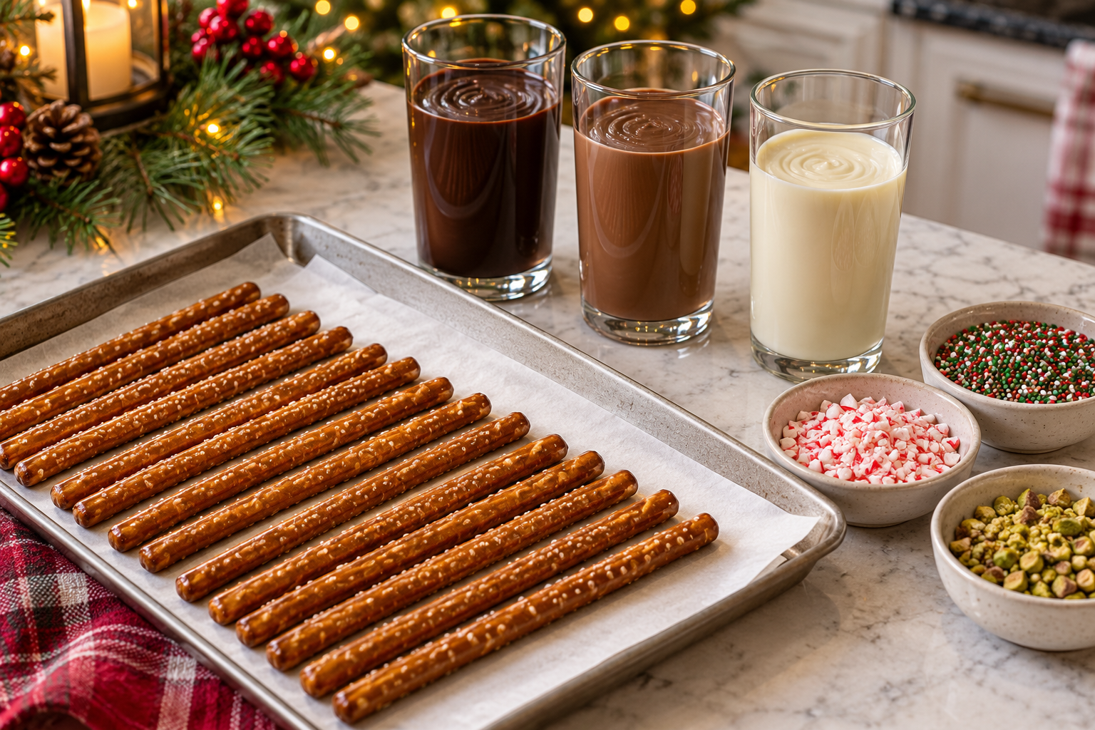 Pretzel rods and three melted chocolates prepared for dipping.