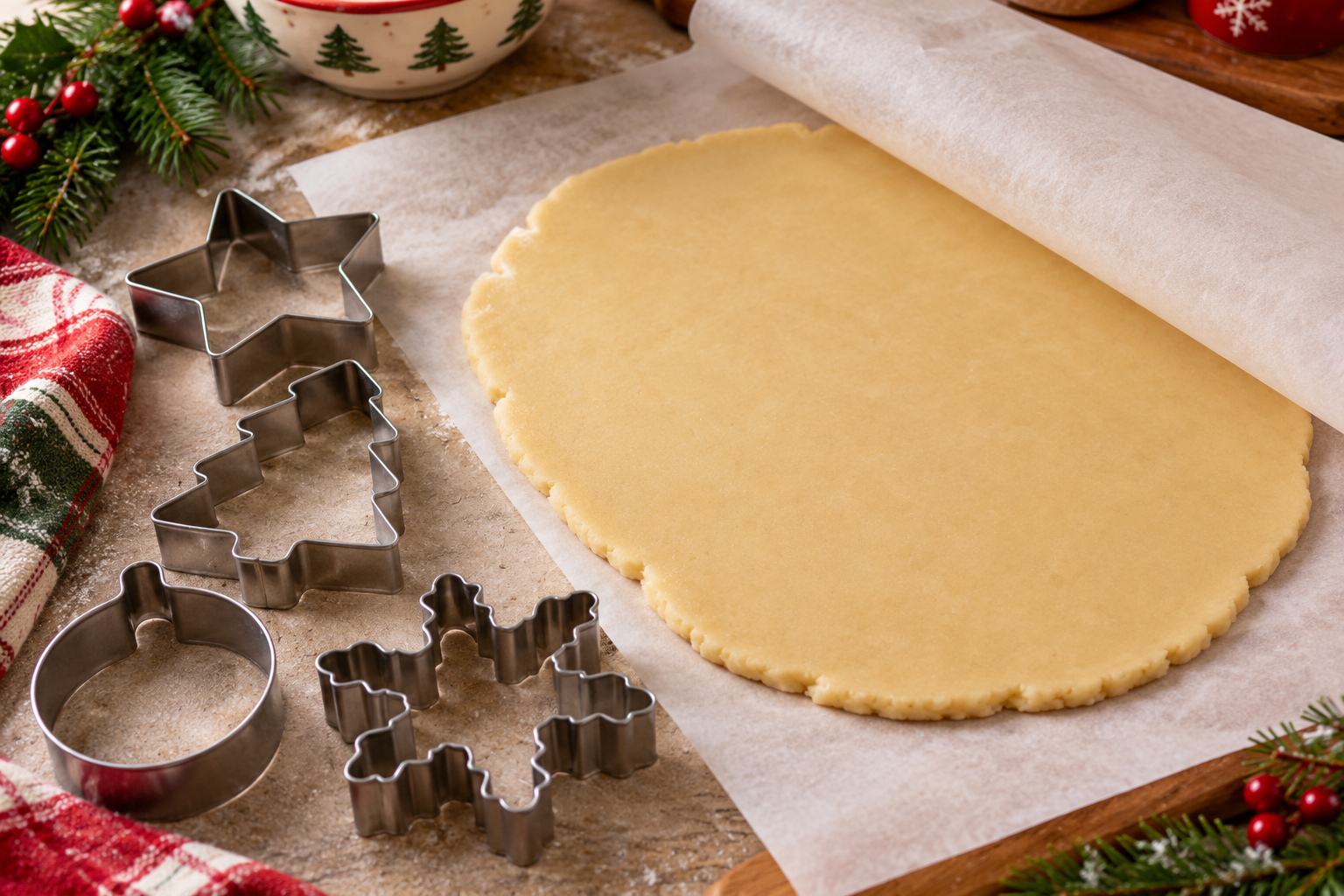 Vanilla sugar cookie dough rolled between parchment with Christmas cutters.
