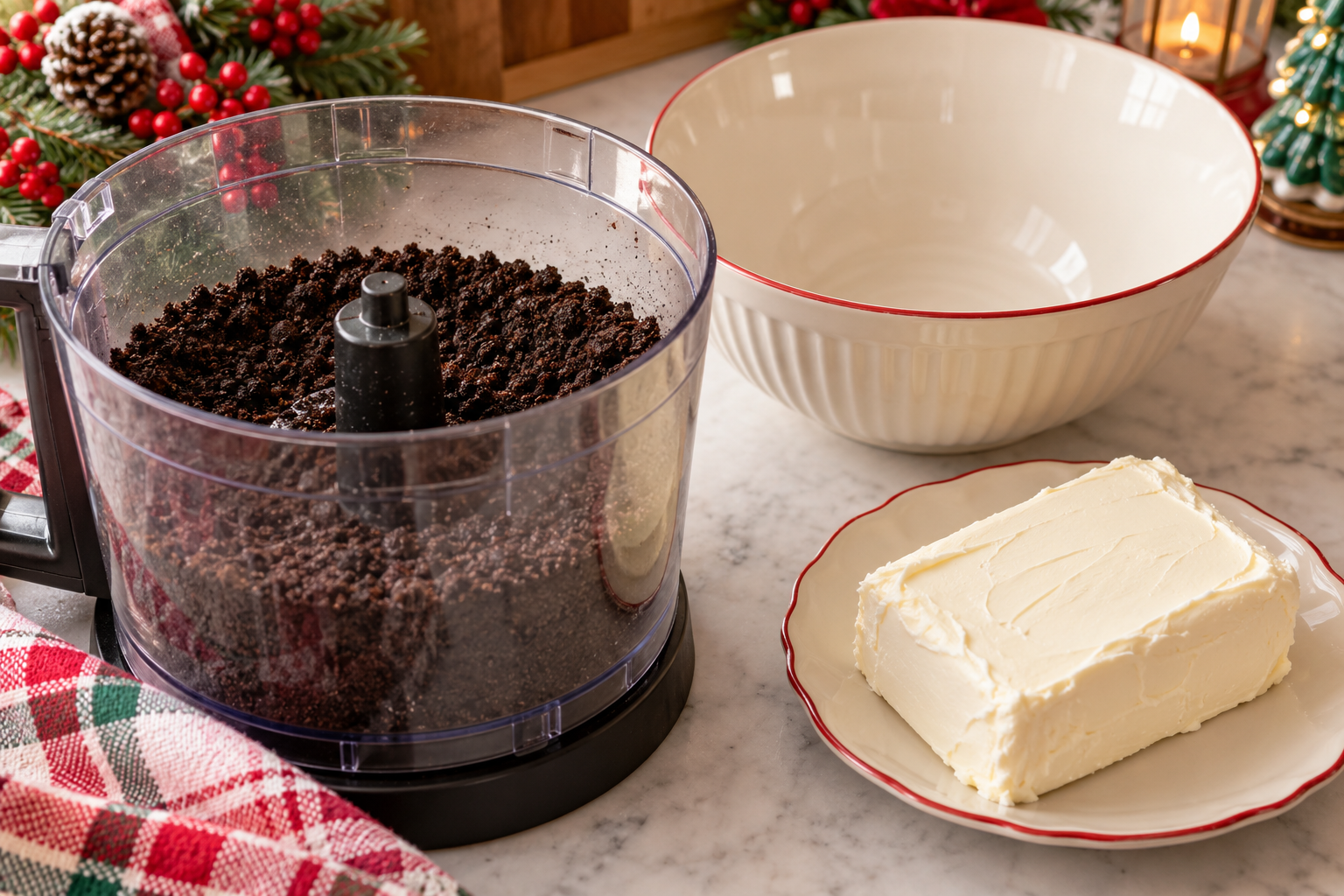 Fine chocolate sandwich cookie crumbs and cream cheese for Oreo balls.