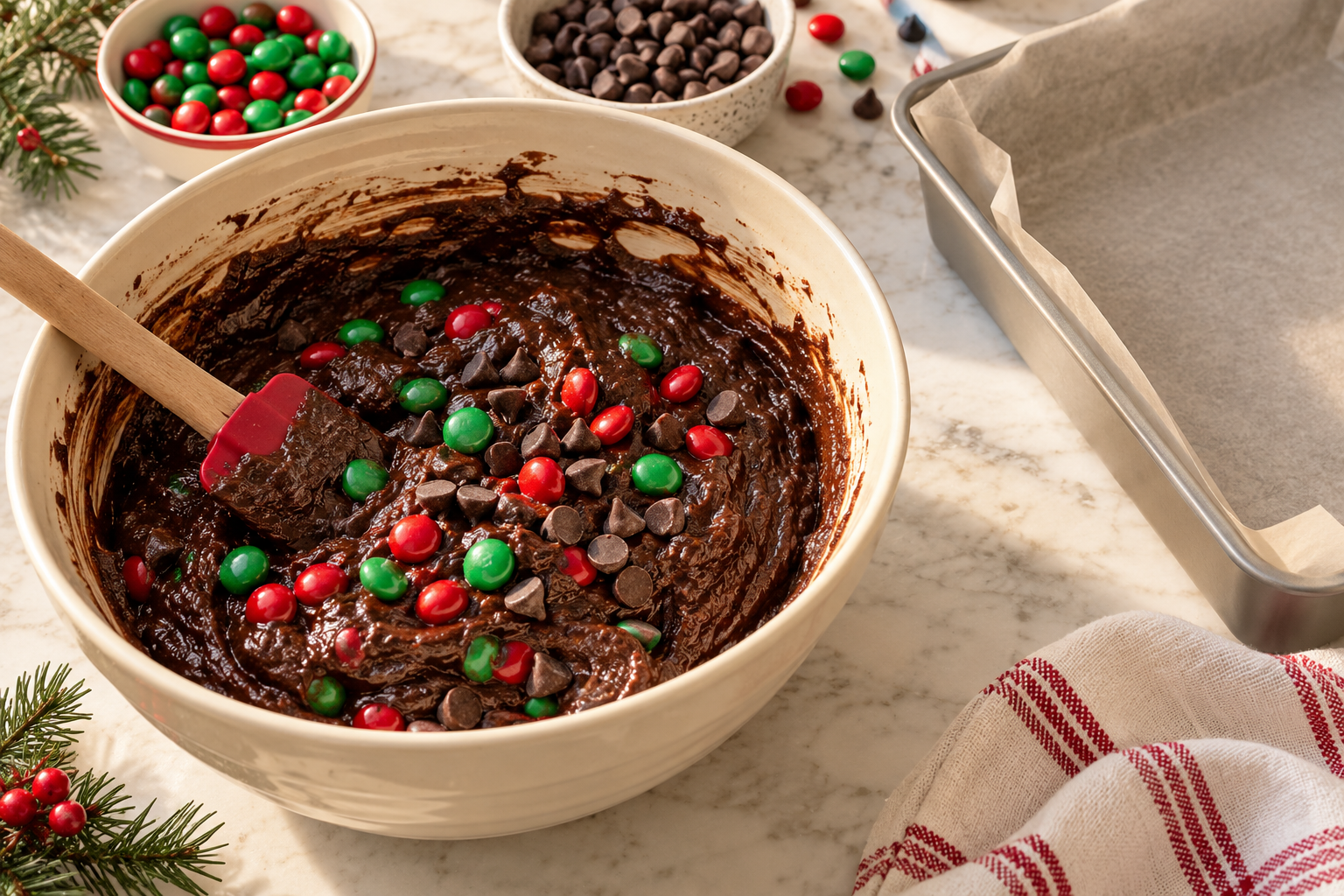 Thick cocoa brownie batter mixed with red-and-green candy-coated chocolates.