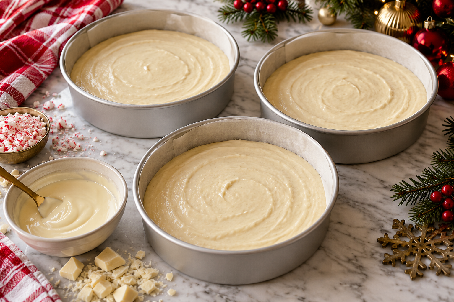 White chocolate peppermint cake batter divided among three round pans.